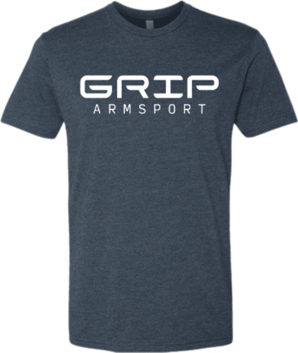 A dark blue t-shirt with the word " grip armsport ".