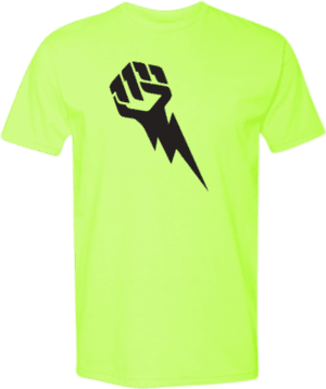 A neon green shirt with a black fist and lightning bolt.