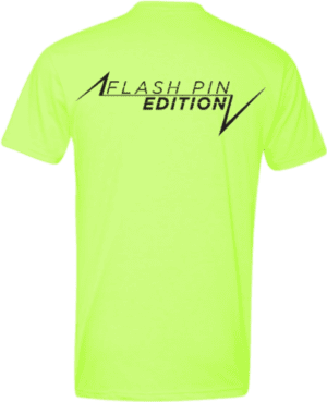 A neon green shirt with flash pin edition logo.
